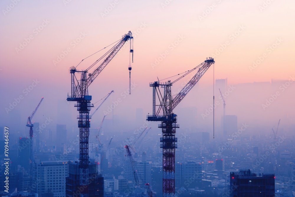 tower cranes at construction site and city background,Construction site with big city