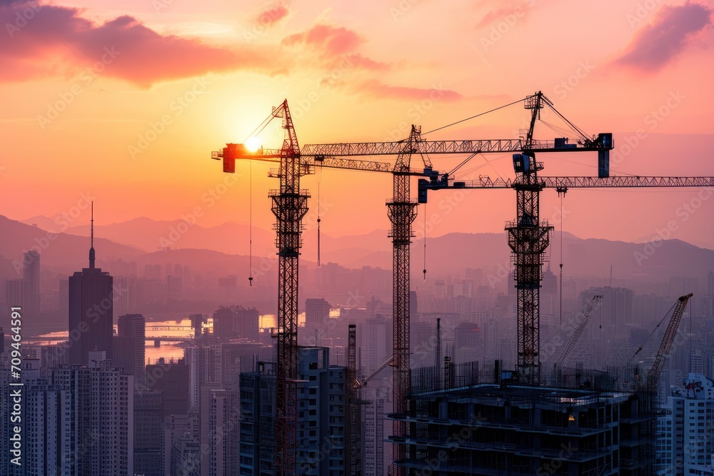 tower cranes at construction site and city background,Construction site with big city