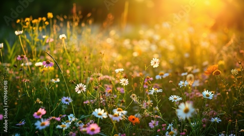 Beautiful wildflowers on a green meadow. Warm summer evening © Ahmad-Muslimin