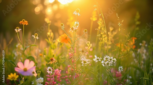 Beautiful wildflowers on a green meadow. Warm summer evening