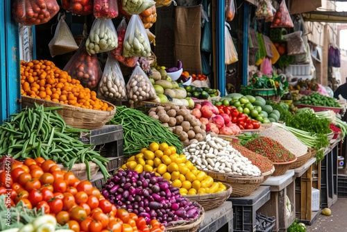 A vibrant and colorful food market Showcasing a variety of fresh produce Spices And local delicacies