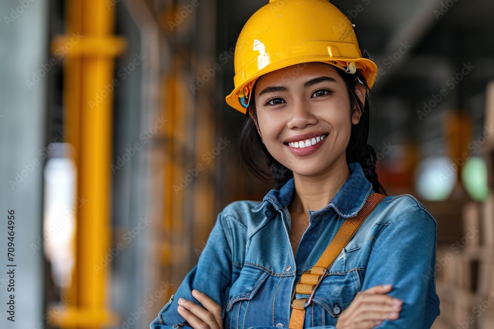woman wearing a construction vest and hard hat against a construction site woman wearing a construction vest and hard hat against a construction site
