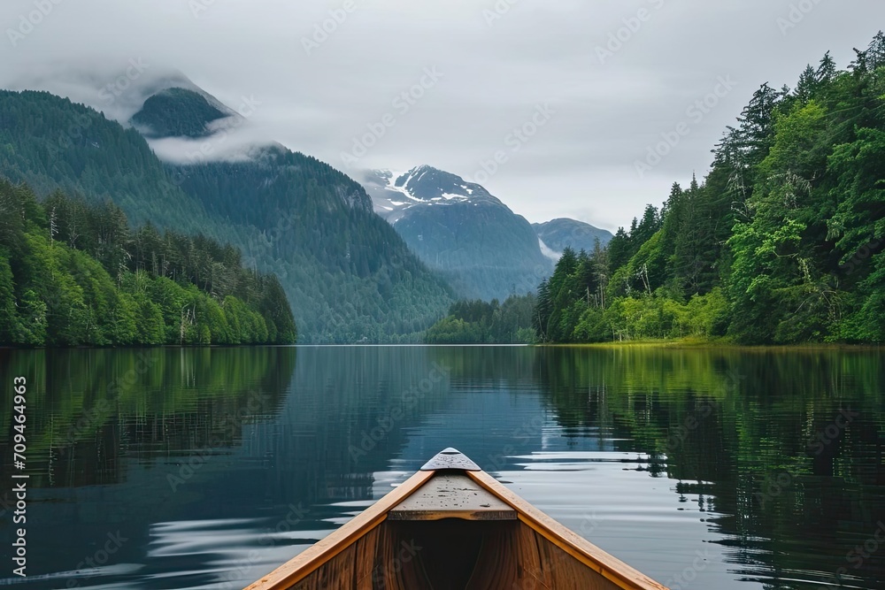 A serene lake surrounded by lush forests and mountains in the background A canoe floating gently on the water