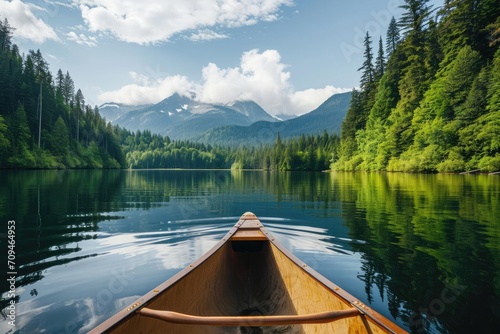 A serene lake surrounded by lush forests and mountains in the background A canoe floating gently on the water