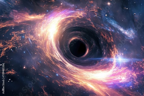 Artistic representation of a black hole warping space-time Light bending around it