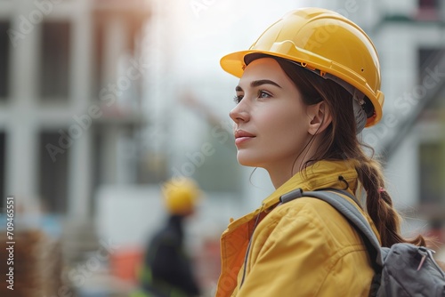 young female architect with blurred construction team ,Female engineer looking at construction site