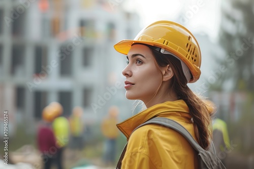 young female architect with blurred construction team ,Female engineer looking at construction site © CStock