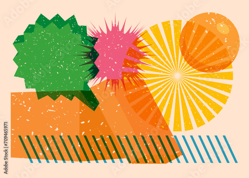 Risograph Cardboard Box with speech bubble with geometric shapes. Objects in trendy riso graph print texture style design with geometry elements.