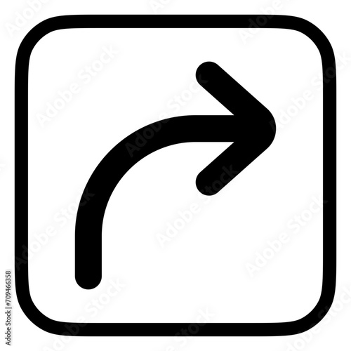 Vector turn right arrow chevron icon. Black, white background. Perfect for app and web interfaces, infographics, presentations, marketing, etc.