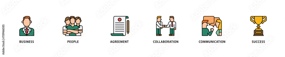 Business people icon set flow process which consists of business, people, agreement, collaboration, communication and success icon live stroke and easy to edit 