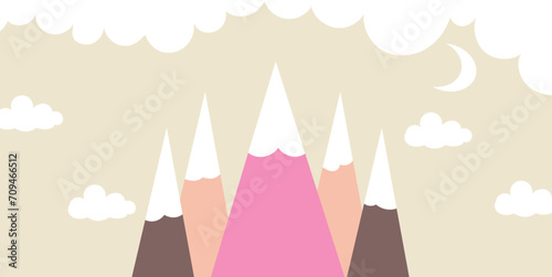 Mountains ,moon and clouds with Doodle style, Vector hand drawn childish wallpaper with Modern 3D wallpaper for the children's room.