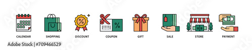 Black friday icon set flow process which consists of calendar, shopping, discount, coupon, gift, sale, store, payment icon live stroke and easy to edit 