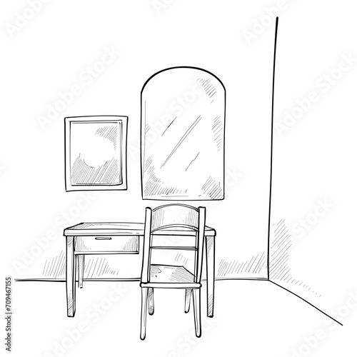 study room interior design handdrawn illustration