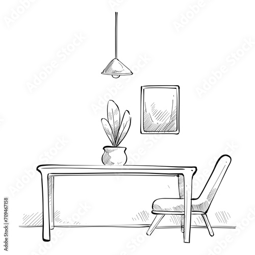 study room interior design handdrawn illustration