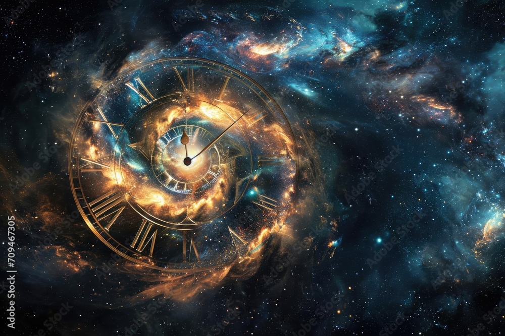 Cosmic clock depicting the evolution of the universe - obrazy, fototapety, plakaty 