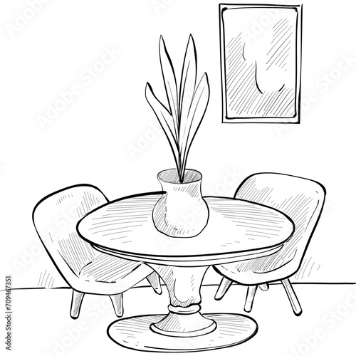 dining room interior design handdrawn illustration