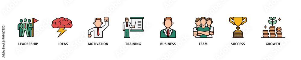 Learn and lead icon set flow process which consists of leadership, ideas, motivation, training, business, team, success, and growth icon live stroke and easy to edit 