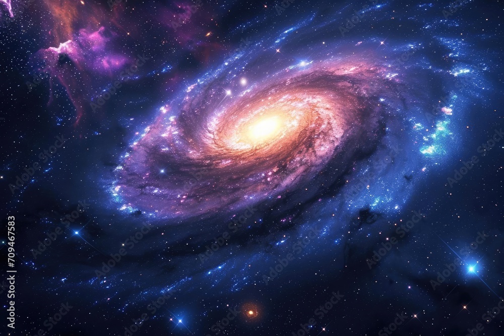 Majestic spiral galaxy in deep space Illuminated by stars and nebulae.