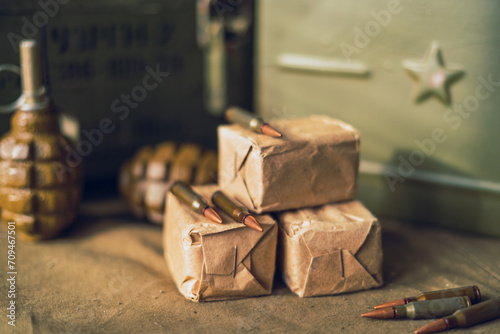 Military background, 5.45mm caliber cartridges close-up, selective focus photo