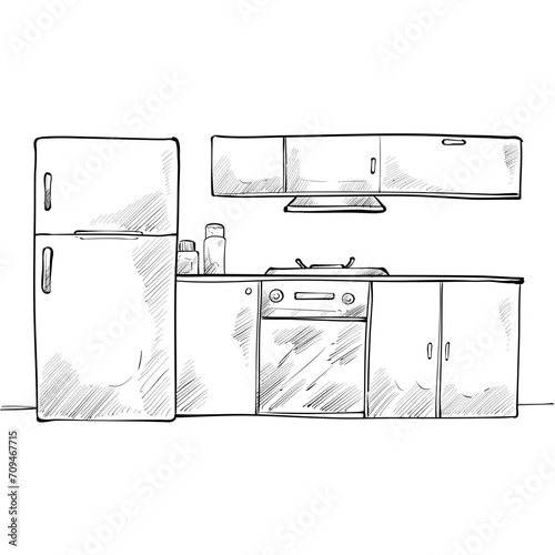 kitchen interior design handdrawn illustration