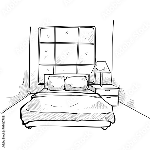 bedroom interior design handdrawn illustration