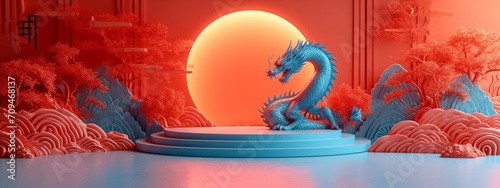 Foto Dragon 3D chinese 2024 year gold new lunar cny podium happy background red golden
