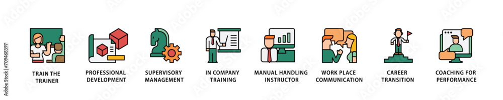 Training icon set flow process which consists of coaching, teaching, knowledge, development, learning, experience, and skills icon live stroke and easy to edit 