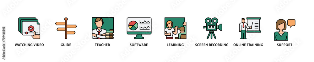 Video tutorial icon set flow process which consists of watching video, guide, teacher, software, learning, screen  recording, online training, support icon live stroke and easy to edit 