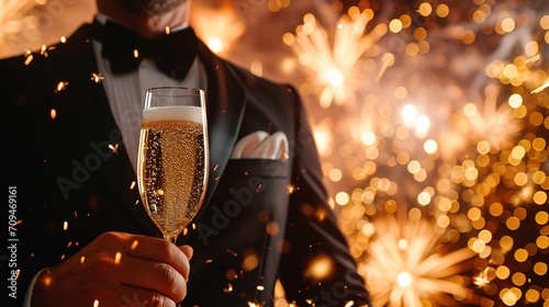 a man in tuxedo holding a champagne glass with fireworks around him, in the style of joyful, 2025 new year celebration, generative ai