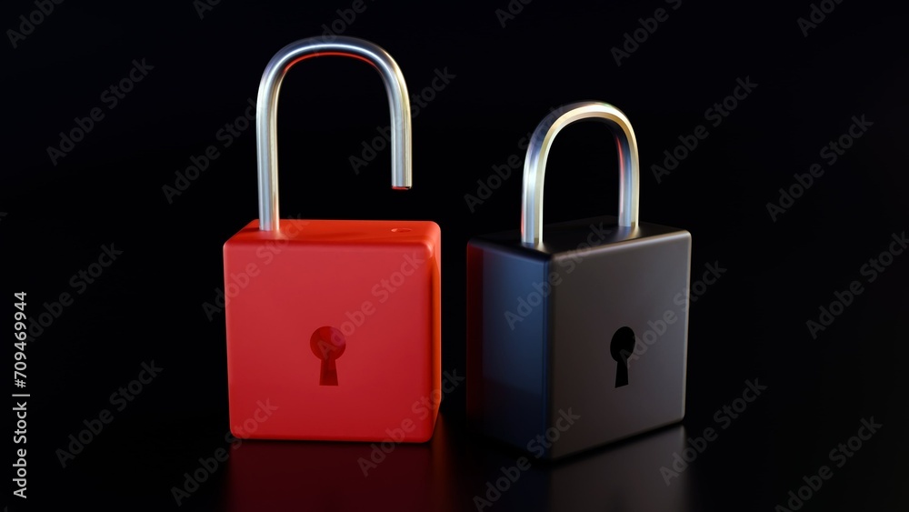 Fototapeta premium 3d rendering of a glowing red padlock stands out against a row of closed black padlocks