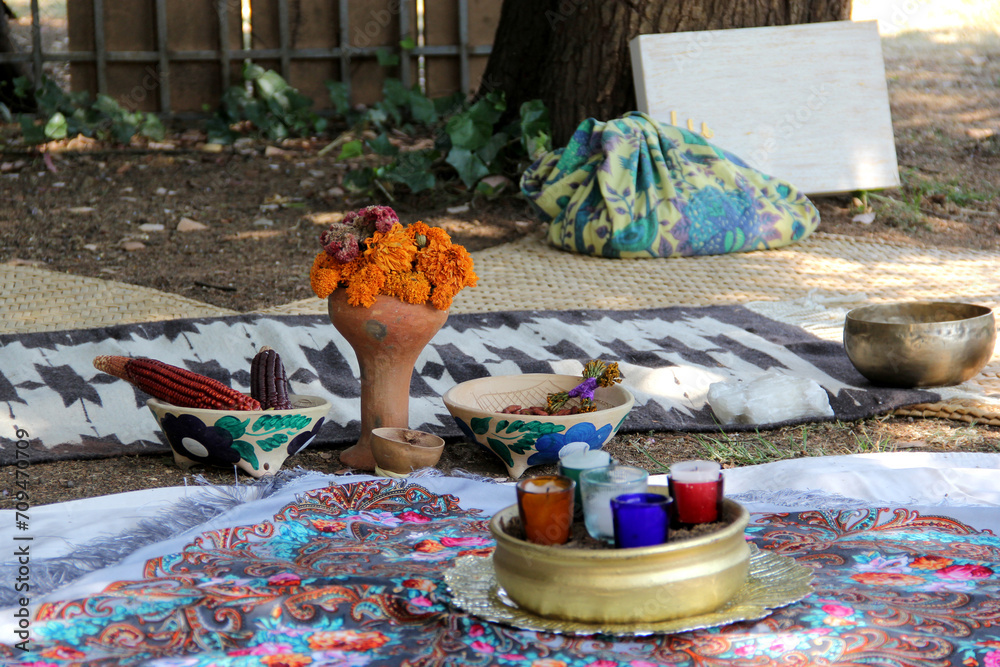 Fototapeta premium Space prepared to do a holistic ceremony with rituals to direct energy in introspection and connection to heal, say goodbye or celebrate