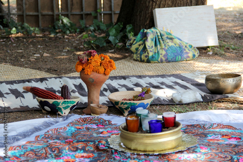 Space prepared to do a holistic ceremony with rituals to direct energy in introspection and connection to heal, say goodbye or celebrate