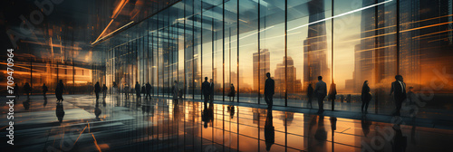 Open lobby-office space. . Modern architecture. Lots of natural light. Office workers walking through office space wearing high-end expensive business suits. Blurred image. Motion blur