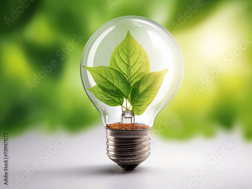 Glowing Light Bulb with Leaves Inside, Isolated with Copy Space for a Green Innovation Concept. Generative AI.