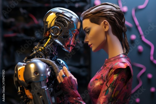 A love relationship between a human and an android robot. Humanity and artificial intelligence. 