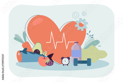 Huge heart with pulse rate and dumbbell, fruit and vegetables vector illustration. Healthy heart and healthy lifestyle choice concept.