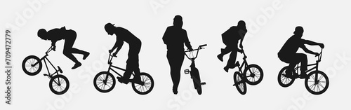 set of silhouettes of bmx biker, cyclists with different position, gesture, pose. extreme sport, bicycle, vehicle concept.