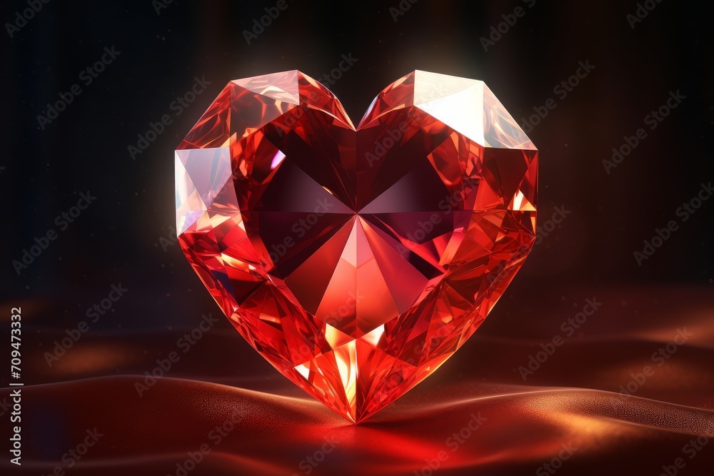 Red crystal in the shape of a heart. Luxurious red jewelry for Valentine's day. 