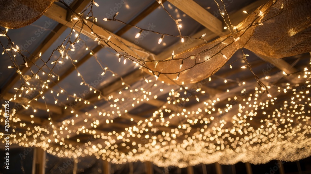 A close-up of a roof decorated with strings of lights