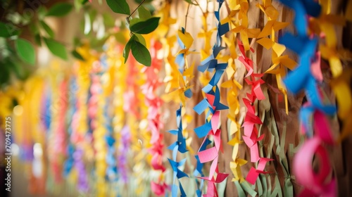 A close-up of a wall decorated with handcrafted paper chains