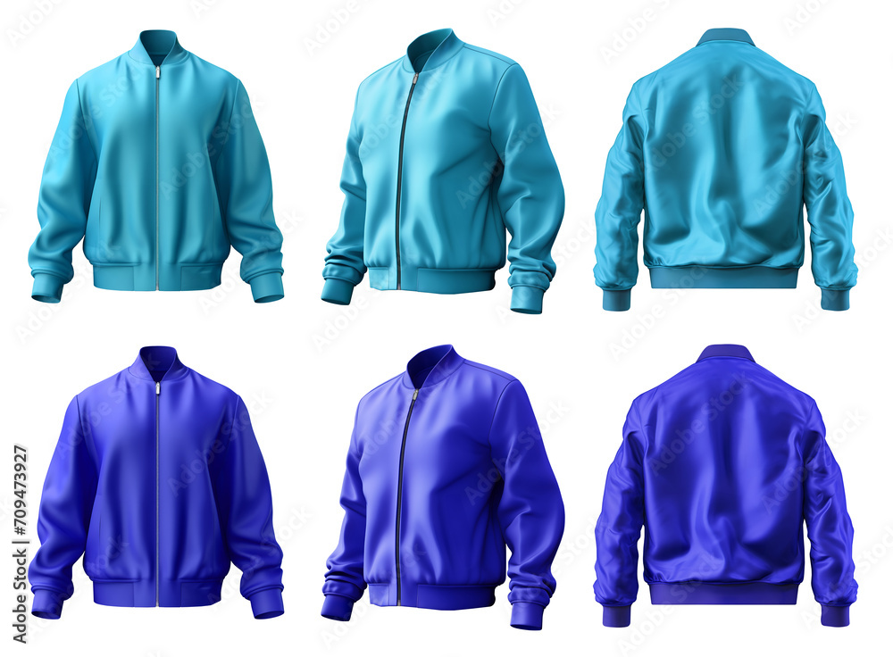 2 Set of dark light blue turquoise, unisex bomber jacket with full zip zipper collar, front back side view on transparent background cutout, PNG file. Mockup template for artwork graphic design.

 - obrazy, fototapety, plakaty 