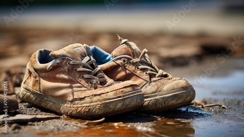 A close-up shot of a worn-out pair of shoes, symbolizing the challenges of poverty © KerXing