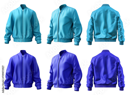 2 Set of dark light blue turquoise, unisex bomber jacket with full zip zipper collar, front back side view on transparent background cutout, PNG file. Mockup template for artwork graphic design.

 photo