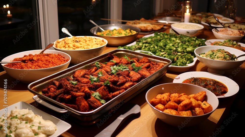 A multicultural potluck gathering with a diverse range of cuisines