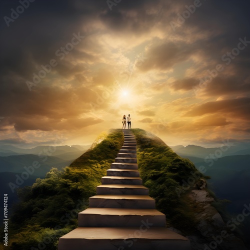 stairs to the top of the hill to move forward and preparation of new business new year concept