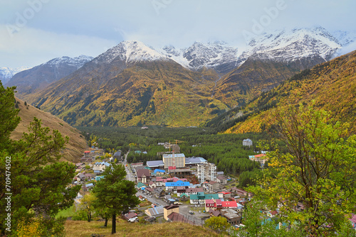 Autumn mountain landscape of the Terskol village