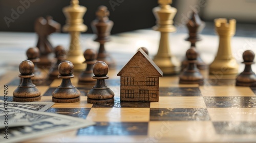 Wooden House Piece on Chess Board with Chess Pieces and Cash