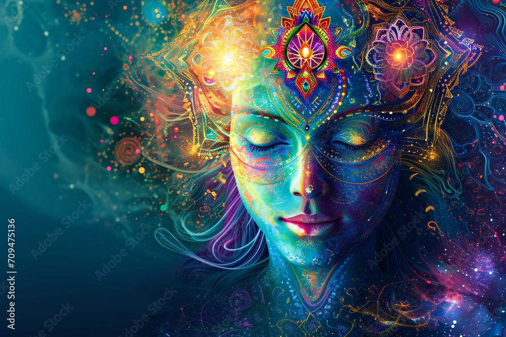 Colorful woman head with luminous mandalas around. Meditation and transcendent concept.