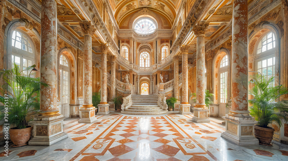A magnificent baroque palace hall with renaissance and baroque architectural elements