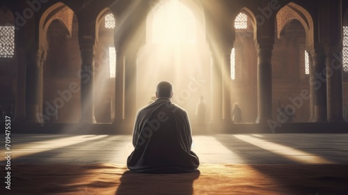 Islamic concept photo. Muslim man praying in the mosque and sunlight rays with haze in the morning. Ramadan or kandil or laylat al-qadr or kadir gecesi background photo. copy space - generative ai